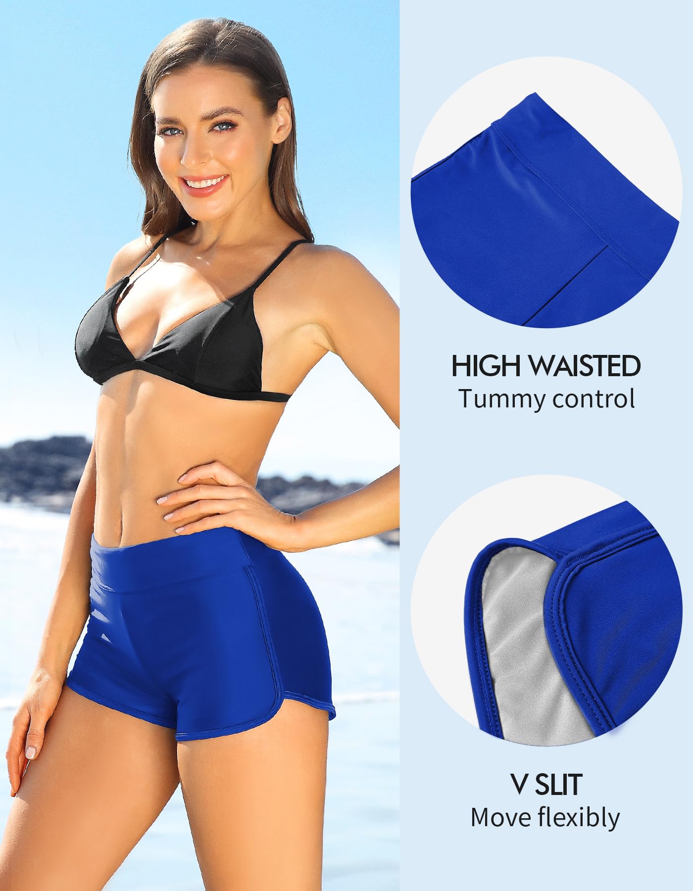 ALove Swim Shorts Womens Stretchy Sporty Bathing Suit Bottoms Side V Slit Boyshorts Swimsuit Board Shorts - Image 3