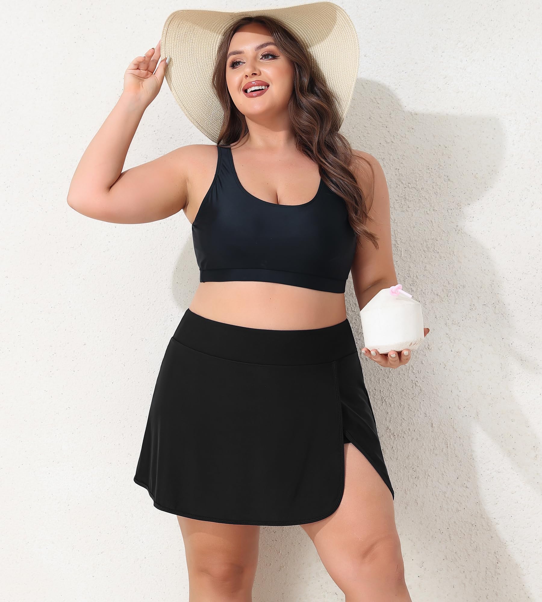ANFILIA Women Plus Size Swim Skirt Tummy Control Split Swimsuit Bottom High Waisted Swim Suit Skirt with Pockets - Image 5
