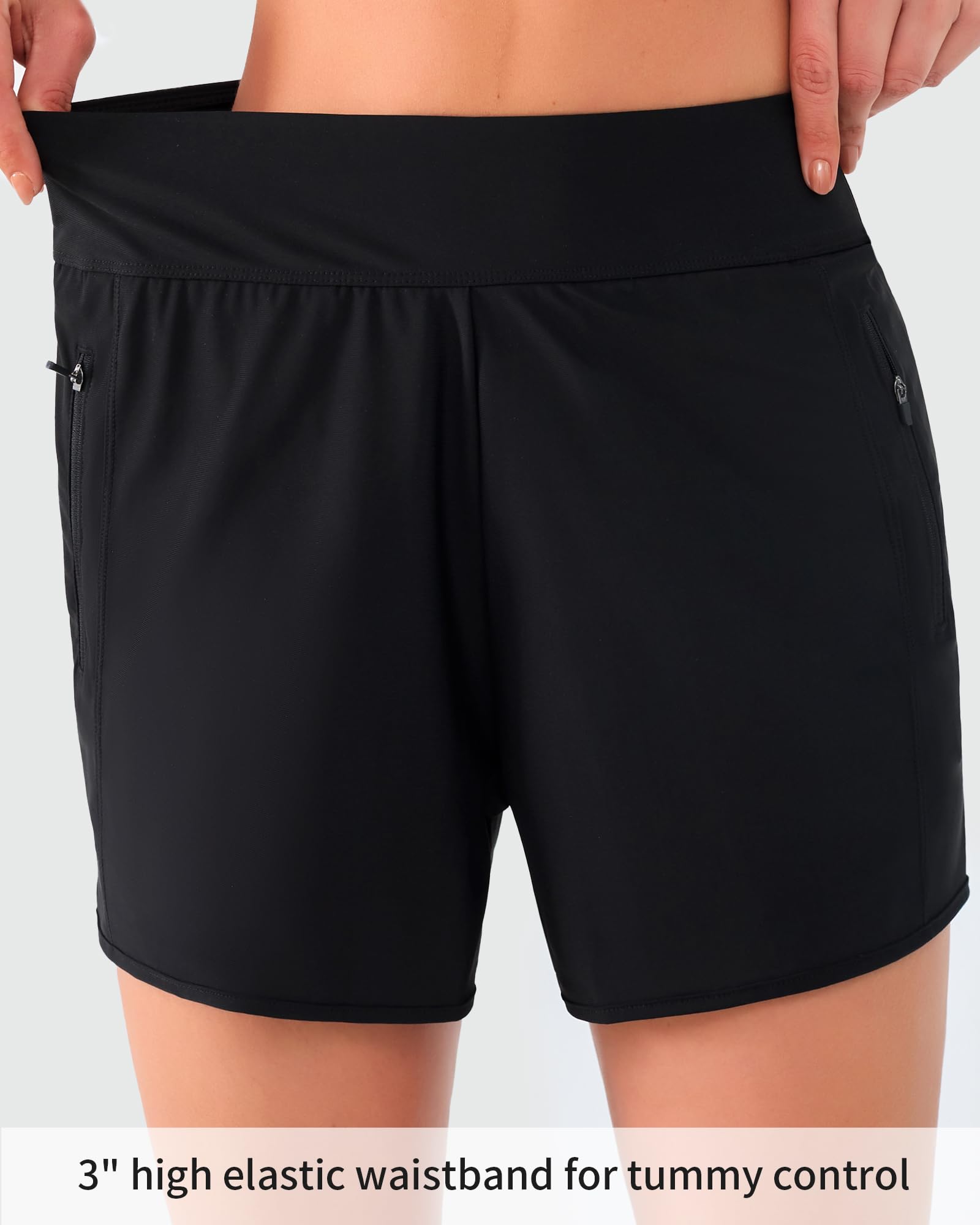 ANFILIA Women's 3" High Waisted Swim Shorts with Zipper Pockets Quick Dry Board Shorts Swimsuit Bottoms Built-in Brief - Image 3