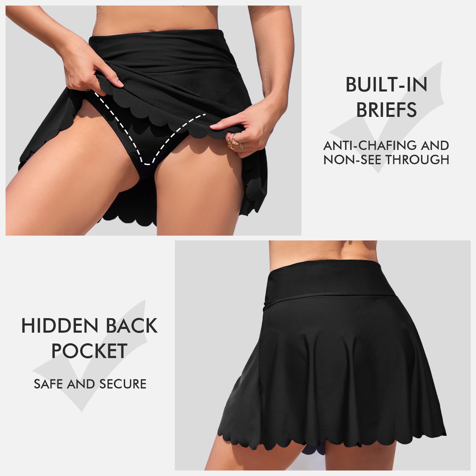 ANFILIA Women's Scallop Trim Swim Skirt High Waisted Swimsuit Bikini Tankini Bottoms with Back Pocket Built-in Brief - Image 3