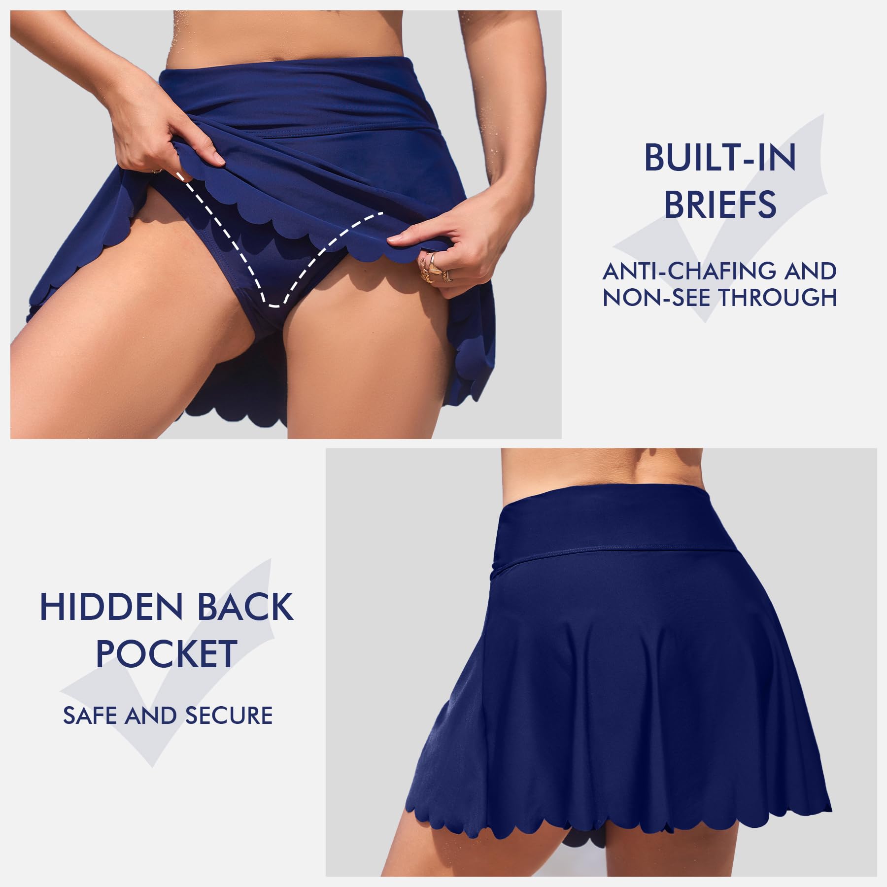 ANFILIA Women's Scallop Trim Swim Skirt High Waisted Swimsuit Bikini Tankini Bottoms with Back Pocket Built-in Brief - Image 3