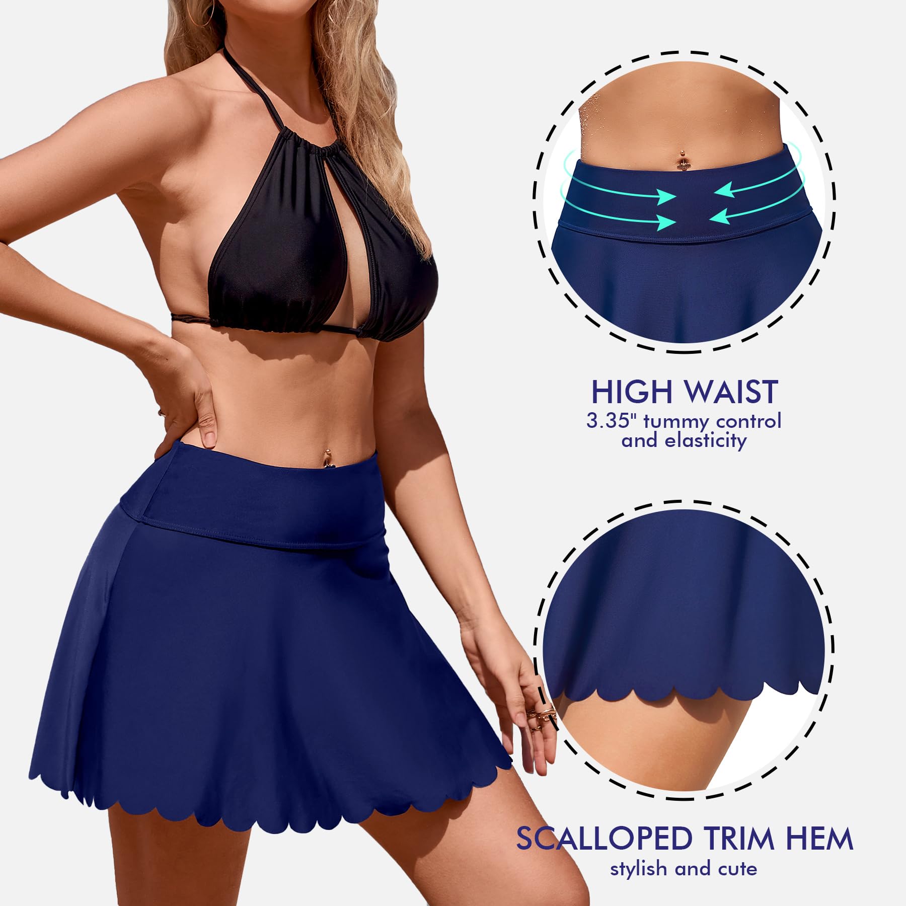 ANFILIA Women's Scallop Trim Swim Skirt High Waisted Swimsuit Bikini Tankini Bottoms with Back Pocket Built-in Brief - Image 4