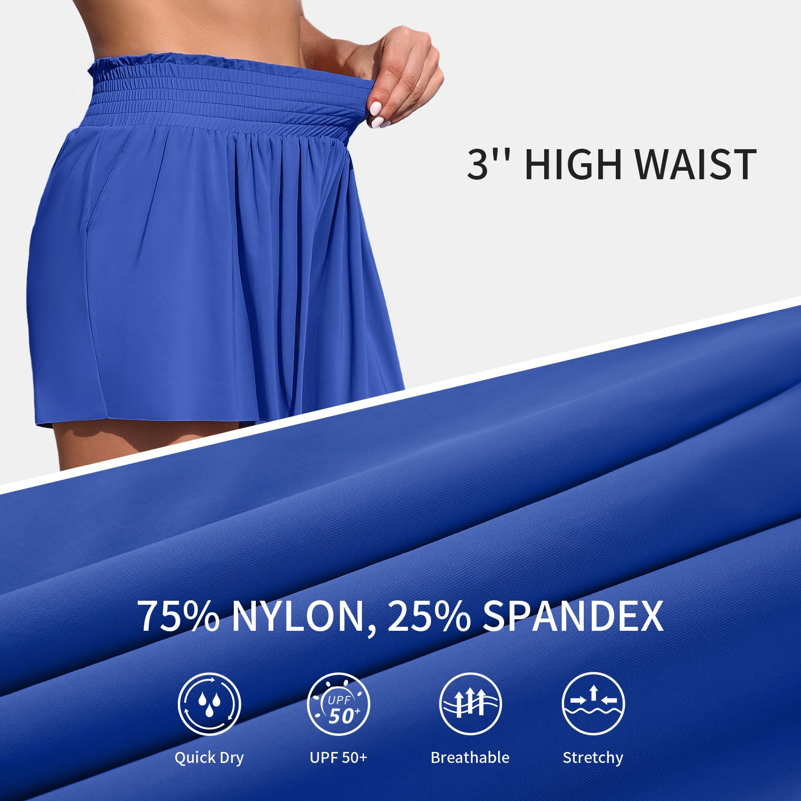 ANFILIA Womens Swim Shorts 3" High Waist Flowy Board Shorts for Women with Pockets Beach Bathing Suit Bottoms Tummy Control - Image 4