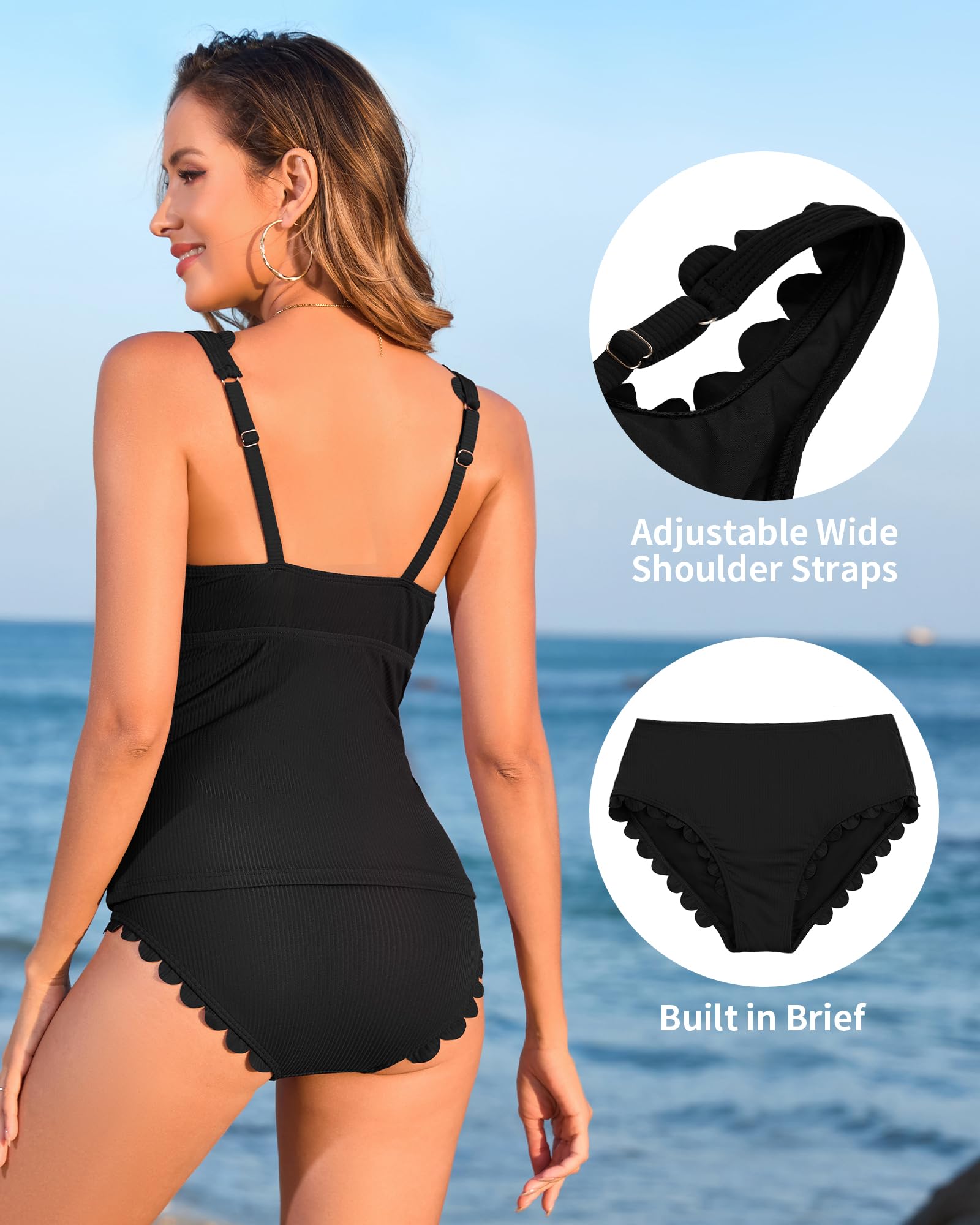 ANFILIA Womens Two Piece Ribbed Tankini Swimsuits Scalloped Tankini Tops with Bottoms Tummy Control Bathing Suits - Image 4