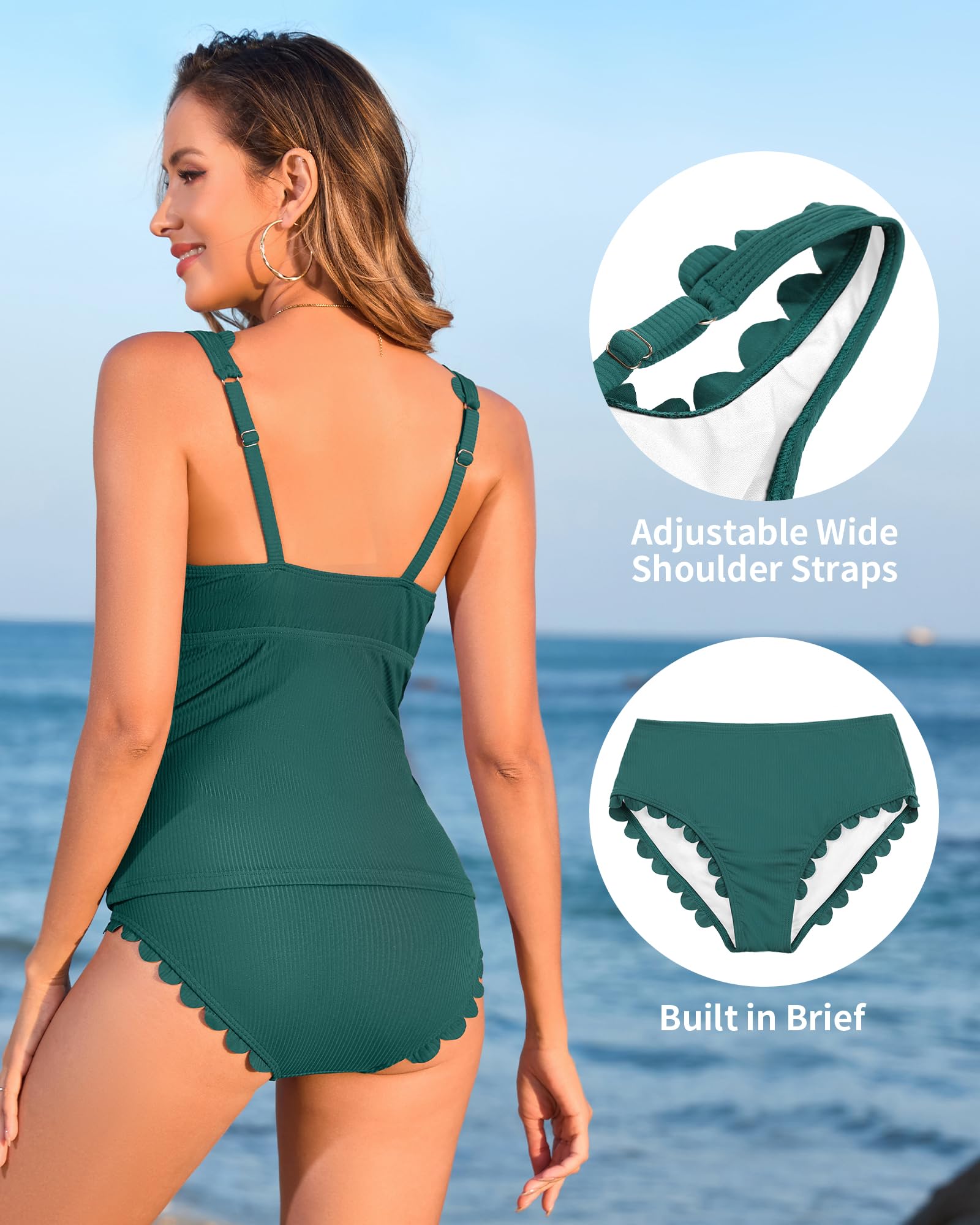 ANFILIA Womens Two Piece Ribbed Tankini Swimsuits Scalloped Tankini Tops with Bottoms Tummy Control Bathing Suits - Image 4